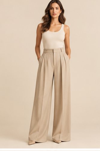 Alba — Relaxed wide-leg in light wool, sand.