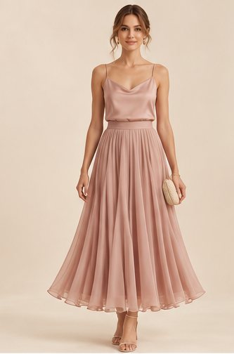 Céleste — Airy pleated midi in muted rose.