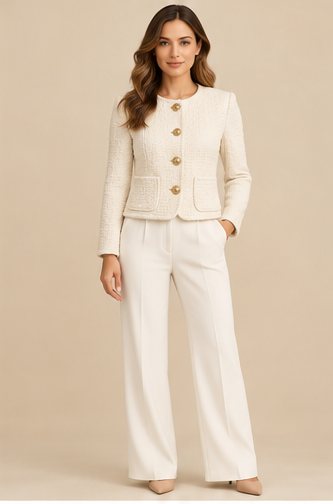 Éloise Bouclé Jacket — Ivory bouclé, gold buttons and softly rounded pockets.
