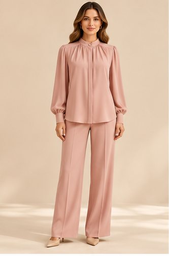 Mila — Soft blouse with a neat stand collar.